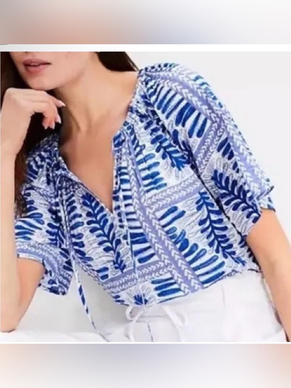 LOFT Womens Blue White Botanical Block Print top size medium